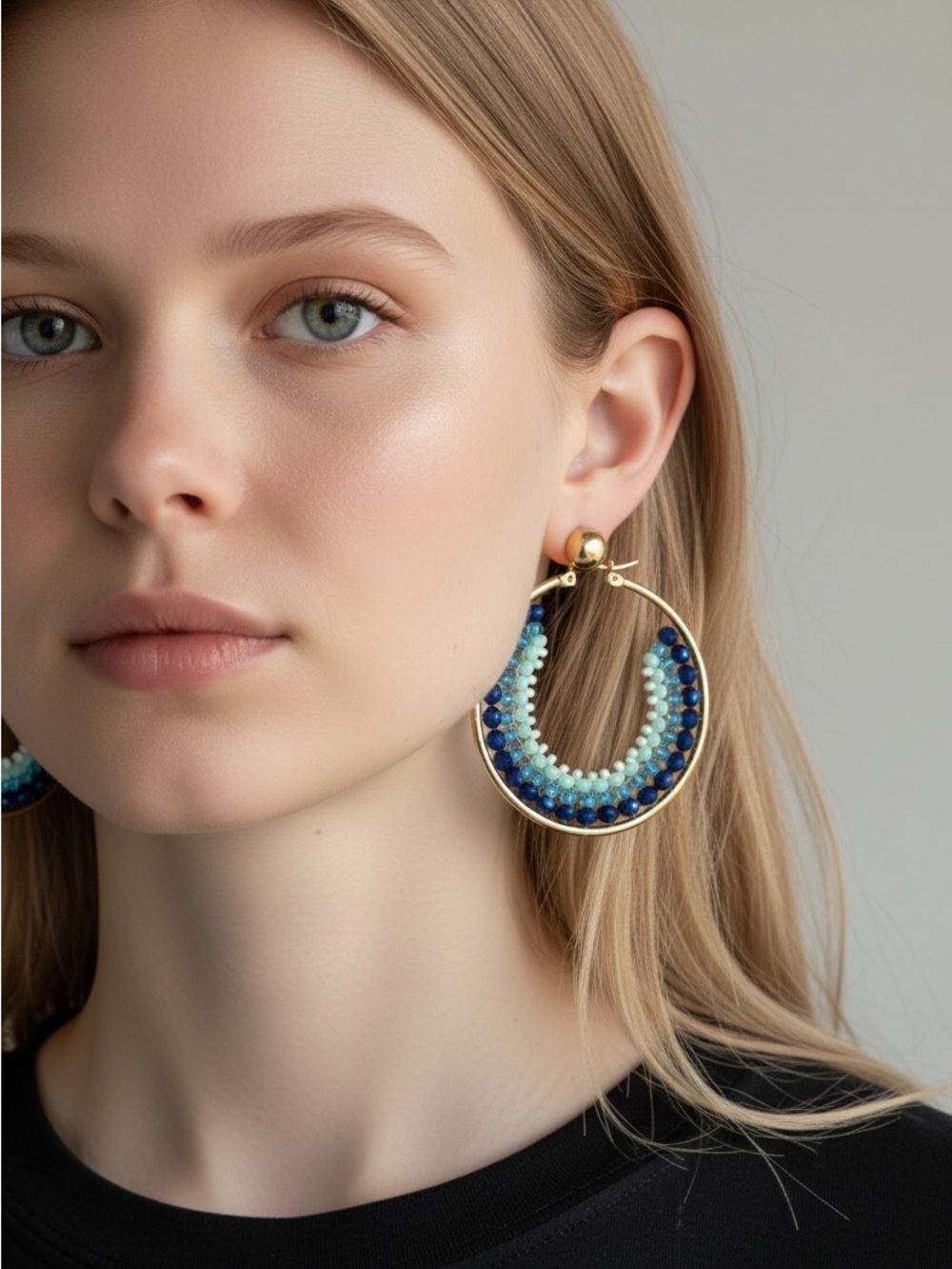 9/27 Gold Hoop Earrings with Blue and Aqua Beads